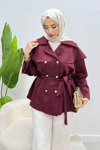 Düğme Detaylı Kuşaklı Oversize Scuba Ceket- Bordo Standart (38-44 Uyumlu)