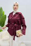 Düğme Detaylı Kuşaklı Oversize Scuba Ceket- Bordo Standart (38-44 Uyumlu)