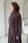 Fenal Petek Modal Kumaş Kemerli 3' lü Abaya Takım- Kahverengi