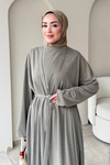 Fenal Petek Modal Kumaş Kemerli 3' lü Abaya Takım- Haki