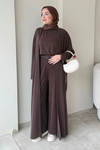 Fenal Petek Modal Kumaş Kemerli 3' lü Abaya Takım- Kahverengi