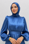 Feray Altı Fırfırlı Janjan Kumaş Tesettür Abiye- İndigo