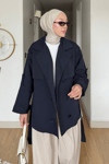 Flow Torino Kumaş Kuşaklı Rüzgarlıklı Astarlı Trençkot- Lacivert