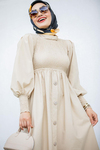 Gipeli Düğmeli Pamuk Cotton Elbise- Krem