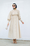 Gipeli Düğmeli Pamuk Cotton Elbise- Krem