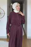Habel Pike Orijinal Modal Kumaş Şalvar Pantolonlu Tesettür Takım- Mürdüm