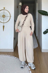 Habel Pike Orijinal Modal Kumaş Şalvar Pantolonlu Tesettür Takım- Krem
