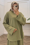 Hales Orijinal Modal Kumaş Şeritli Oversize Tesettür Takım- Haki