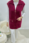 Hisel Fermuarlı Cepli Peluş Tesettür Yelek- Bordo Standart (36-42 Uyumlu)