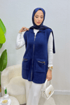 Hisel Fermuarlı Cepli Peluş Tesettür Yelek- Lacivert Standart (36-42 Uyumlu)