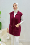 Hisel Fermuarlı Cepli Peluş Tesettür Yelek- Bordo Standart (36-42 Uyumlu)