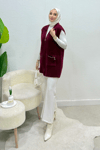Hisel Fermuarlı Cepli Peluş Tesettür Yelek- Bordo Standart (36-42 Uyumlu)