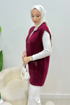 Hisel Fermuarlı Cepli Peluş Tesettür Yelek- Bordo Standart (36-42 Uyumlu)