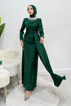 İnci Kolyeli Kuyruklu Saten Tesettür Abiye- Zümrüt