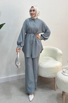 Kadın Balon Kol Bağcık Detaylı İkili Takım-Gri