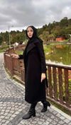 Kadın Kolu Düğme Detaylı Kuşaklı Kaban -Siyah