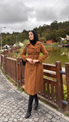 Kadın Kolu Düğme Detaylı Kuşaklı Kaban -Kiremit