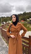 Kadın Kolu Düğme Detaylı Kuşaklı Kaban -Kiremit
