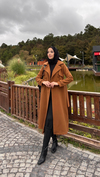 Kadın Kolu Düğme Detaylı Kuşaklı Kaban -Kiremit