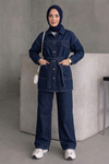 Kadın Kuşaklı Denim Tesettür Takım- Lacivert