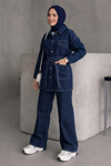 Kadın Kuşaklı Denim Tesettür Takım- Lacivert