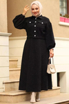 Kadın Taşlı Düğmeli Çift Cepli Tüvit Etekli Tesettür Takım -Siyah