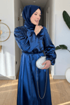 Lezu Saten Kumaş Astarsız Taşlı Tesettür Abiye- Lacivert