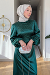 Lezu Saten Kumaş Astarsız Taşlı Tesettür Abiye- Zümrüt