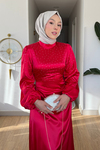 Lezu Saten Kumaş Astarsız Taşlı Tesettür Abiye- Kırmızı