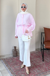 Mery Jakarlı Tül Modal Kumaş Oversize Gömlek- Pembe Standart (38-46 Uyumlu)
