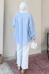 Mery Jakarlı Tül Modal Kumaş Oversize Gömlek- Mavi Standart (38-46 Uyumlu)