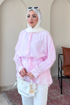 Mery Jakarlı Tül Modal Kumaş Oversize Gömlek- Pembe Standart (38-46 Uyumlu)