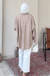 Mery Jakarlı Tül Modal Kumaş Oversize Gömlek- Vizon Standart (38-46 Uyumlu)