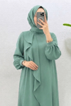 Mihri Krep Kumaş Volanlı Tesettür Elbise- Mint Yeşili