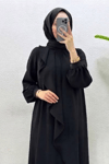 Mihri Krep Kumaş Volanlı Tesettür Elbise- Siyah