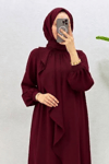 Mihri Krep Kumaş Volanlı Tesettür Elbise- Bordo
