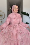 Moran Çiçek Desenli Şifon Kumaş Astarlı Tesettür Elbise- Pembe Standart Beden (36-42 Uyumlu)