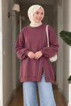 Nahe 3 İplik Şardonlu Oversize Fermuar Detaylı Sweatshirt- Mürdüm