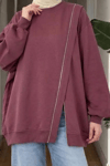 Nahe 3 İplik Şardonlu Oversize Fermuar Detaylı Sweatshirt- Mürdüm