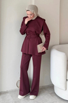 Nahi Scuba Kumaş Kendinden Kemerli Tunik-Pantolon Tesettür Takım- Bordo
