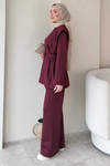 Nahi Scuba Kumaş Kendinden Kemerli Tunik-Pantolon Tesettür Takım- Bordo