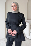 Nahi Scuba Kumaş Kendinden Kemerli Tunik-Pantolon Tesettür Takım- Siyah