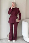 Nahi Scuba Kumaş Kendinden Kemerli Tunik-Pantolon Tesettür Takım- Bordo