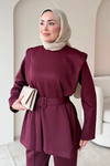 Nahi Scuba Kumaş Kendinden Kemerli Tunik-Pantolon Tesettür Takım- Bordo