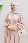 Natia Dantelli Keten Kumaş Astarlı Tesettür Takım- Pembe