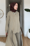 Peny Pike Orijinal Modal Kumaş Parçalı Tunik-Pantolon Tesettür Takım- Haki