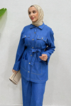 Polka Kuşaklı Ceket-Pantolon Denim Tesettür Takım- Mavi