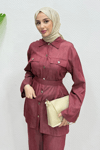 Polka Kuşaklı Ceket-Pantolon Denim Tesettür Takım- Bordo