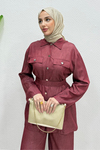 Polka Kuşaklı Ceket-Pantolon Denim Tesettür Takım- Bordo