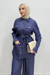 Polka Kuşaklı Ceket-Pantolon Denim Tesettür Takım- İndigo